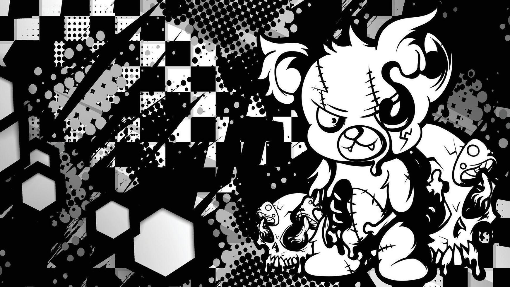 a black and white cartoon character on a checkered background vector