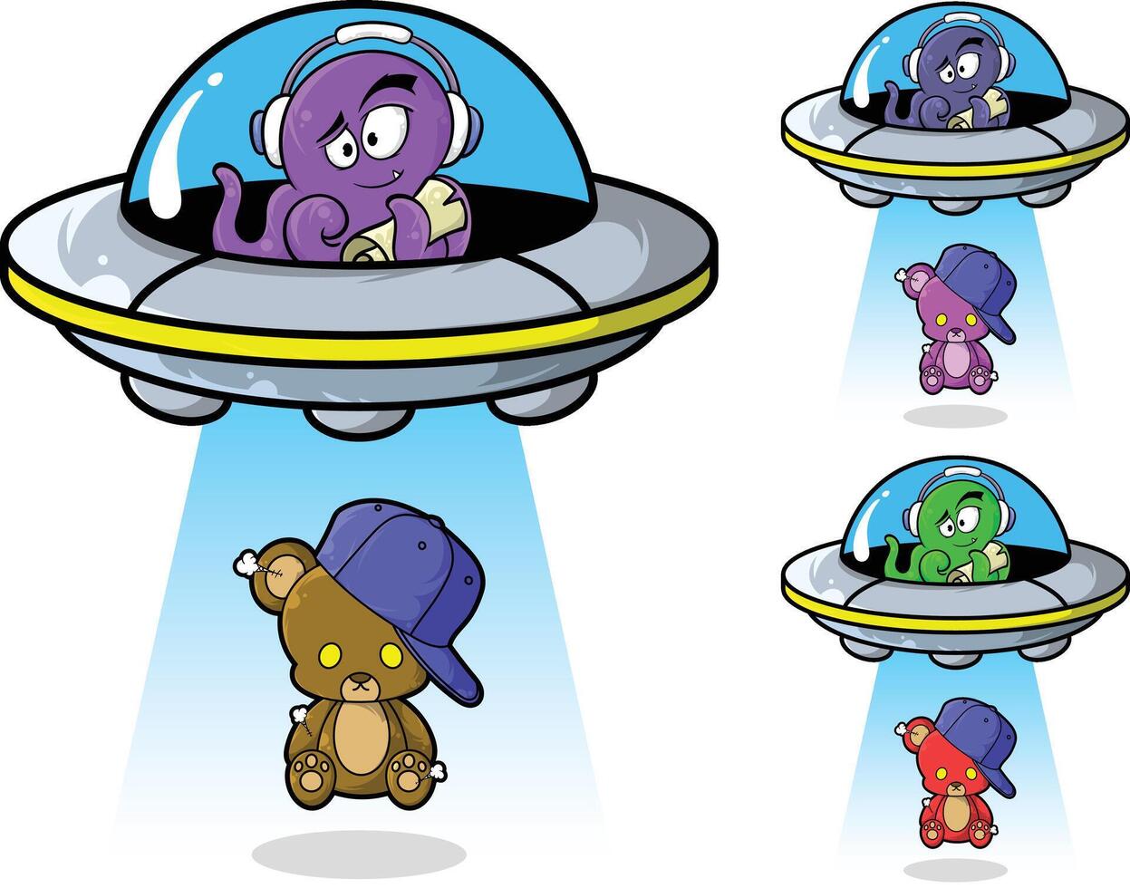 Cartoon UFOs with aliens and teddy bears vector