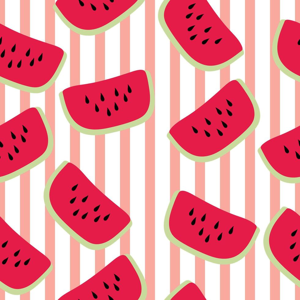 Watermelon on a striped pink background. Seamless pattern summer for clothing, fabric, wallpaper, backdrop, home decoration, cover book, and wall art. vector