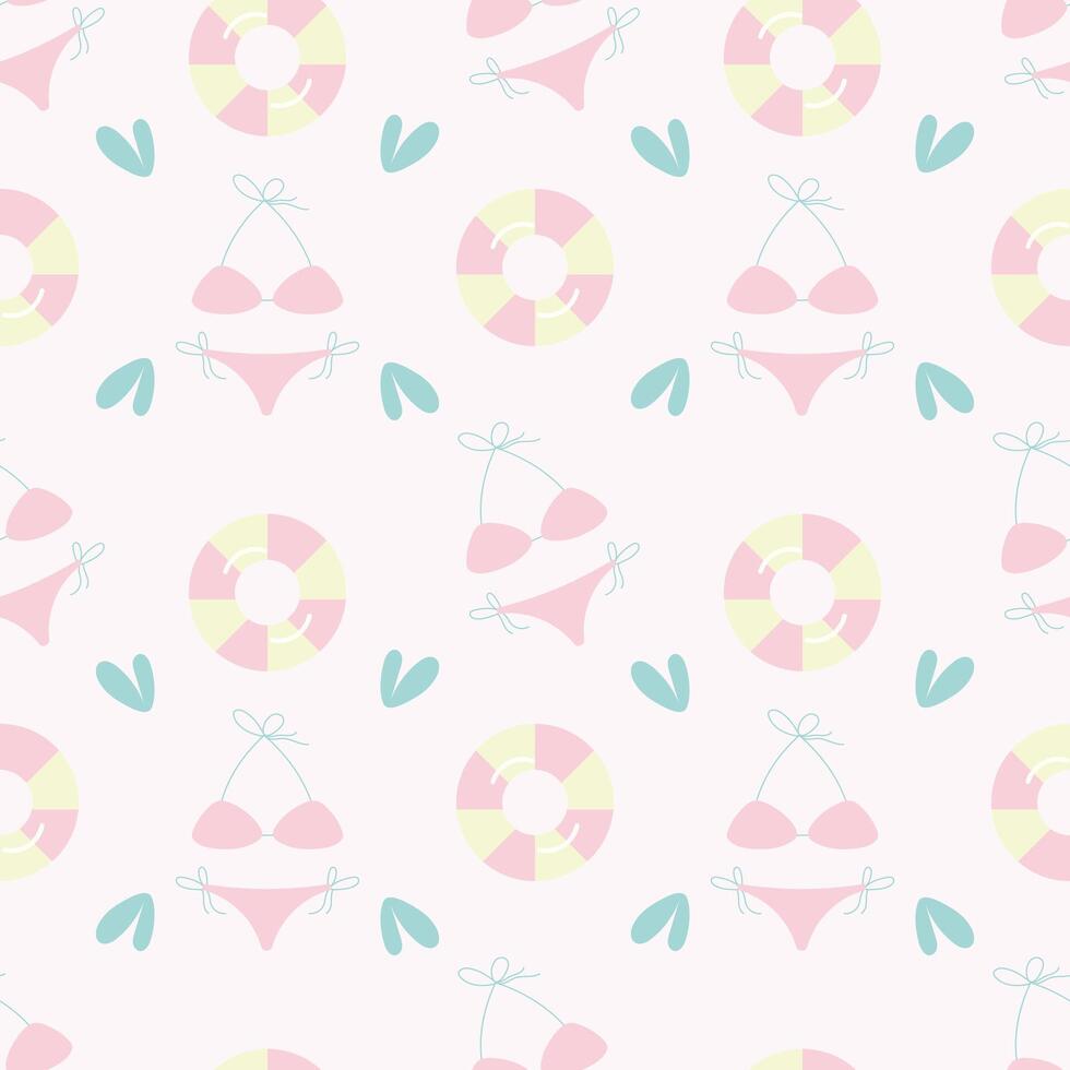 Hand-drawn bikini and rubber ring on a pastel pink background. Summer seamless pattern for clothing, fabric, wallpaper, backdrop, home decoration, cover book, and wall art. vector