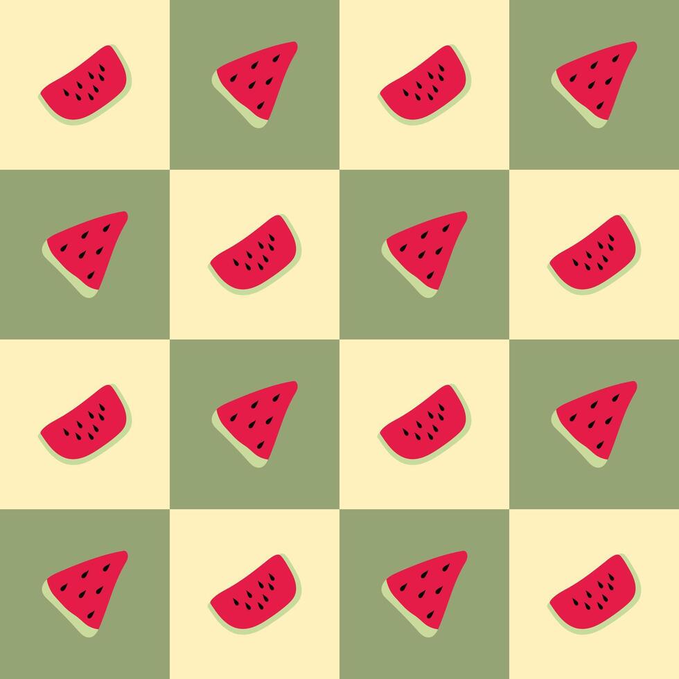 Watermelon on a green and yellow table background. Seamless pattern summer for clothing, fabric, wallpaper, backdrop, home decoration, cover book, and wall art. vector