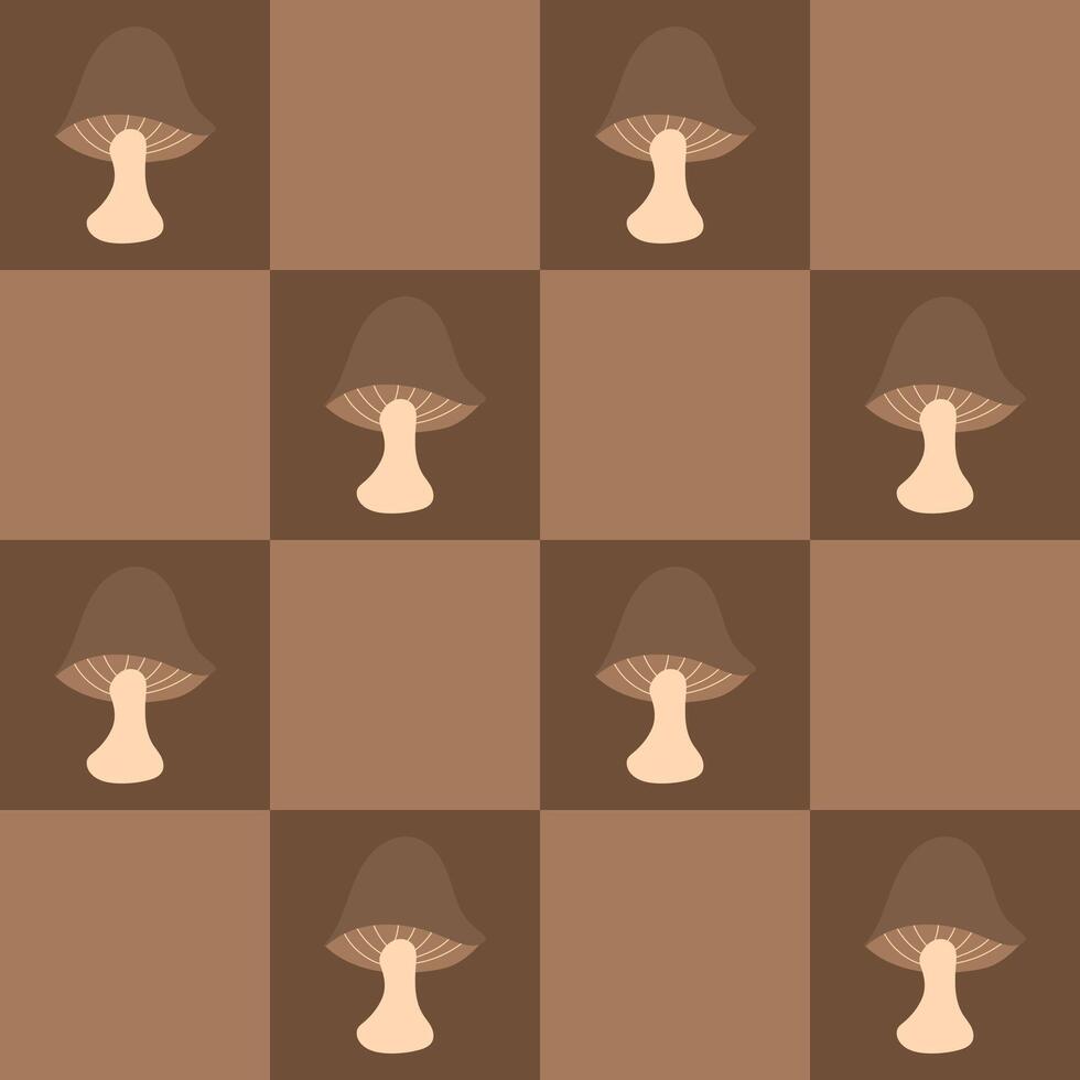 Hand-drawn mushrooms on a brown table background. Autumn seamless pattern for clothing, fabric, wallpaper, backdrop, home decoration, cover book, and wall art. vector