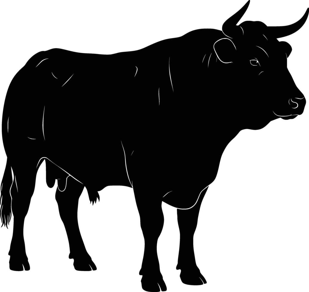 silhouette image of a fat bull with black horns, white background, full body vector