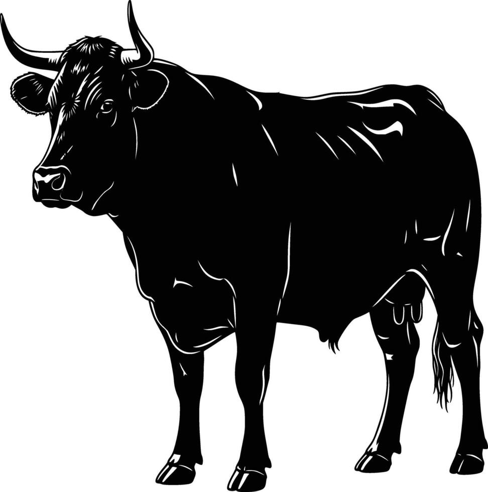 silhouette image of a black horned bull with a white background full body vector