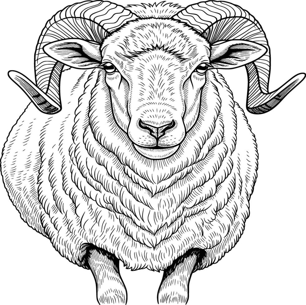 line art drawing of a male sheep detail white background vector