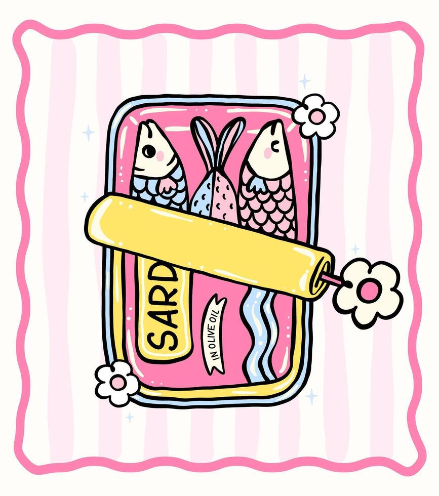 Cute girly pastel sardines in opened tin can Coquette fisherman style whimsical hand drawn doodle set for t shirt sublimation, stickers and wall art vector
