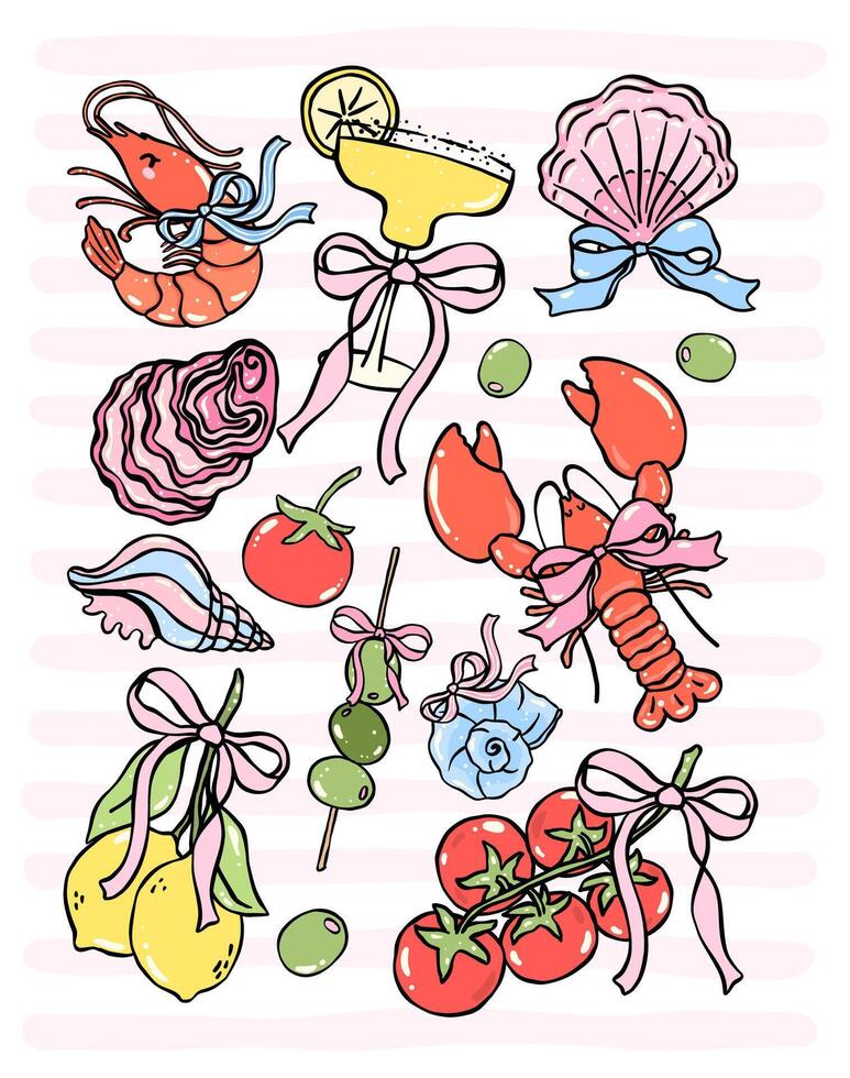 Retro fisherman aesthetic in pastel coquette girly doodle style inspired by amalfi dolce vita perfect for seafood clipart and kitchen wall decor vector
