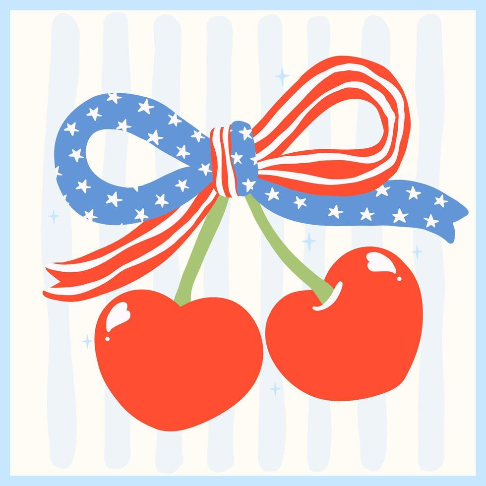 cute retro coquette 4th of july cherries with america ribbon bow in red white and blue hand drawn for patriotic design, shirt or card sublimation vector
