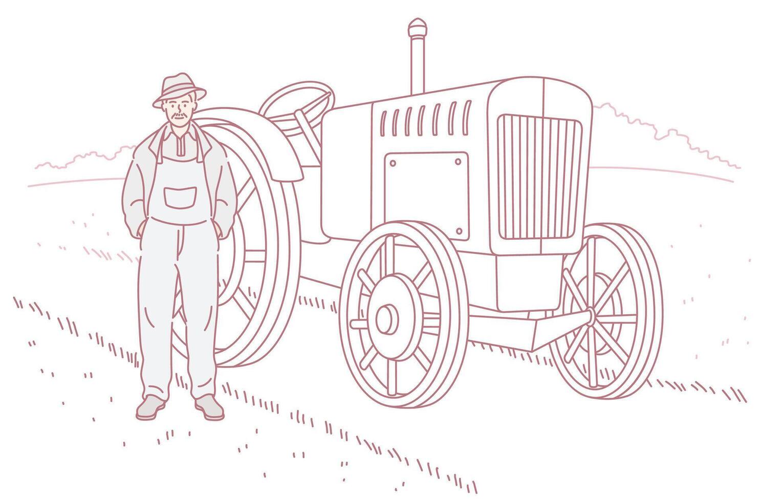 An engaging Vintage Farmer with Tractor beautifully illustrated in a picturesque field setting vector