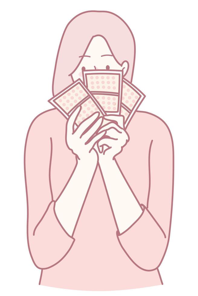An Excited Woman Enthusiastically Holding Lottery Tickets While Brimming with Happiness and Joy, vector