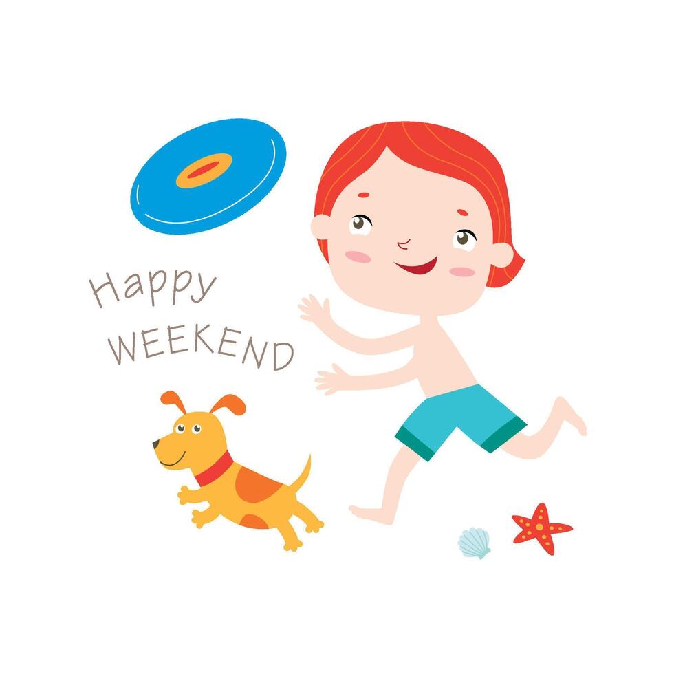 Playful Boy and Dog Frisbee Art T-Shirt Design Illustration vector