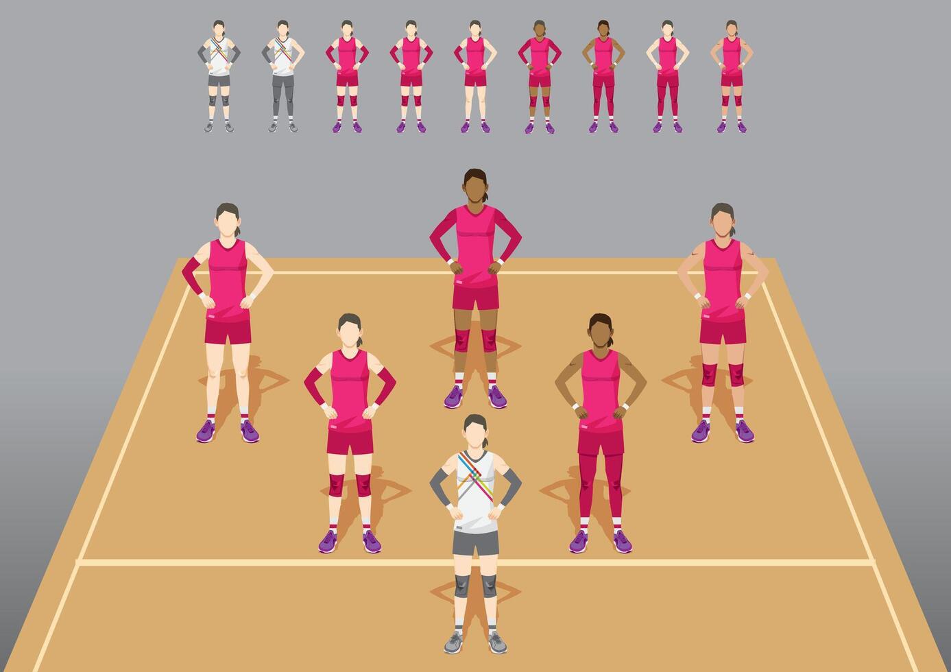 Volleyball team Female in pink uniforms and captain wear white on the court vector