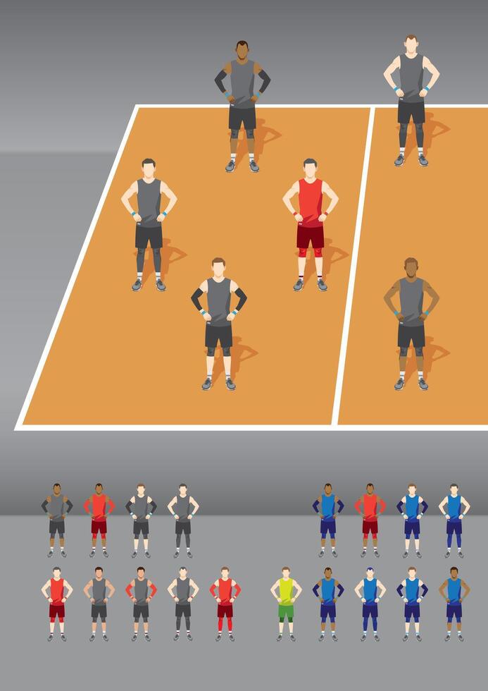 Volleyball Team Formation with grey uniform and the captain wear red on the Court vector
