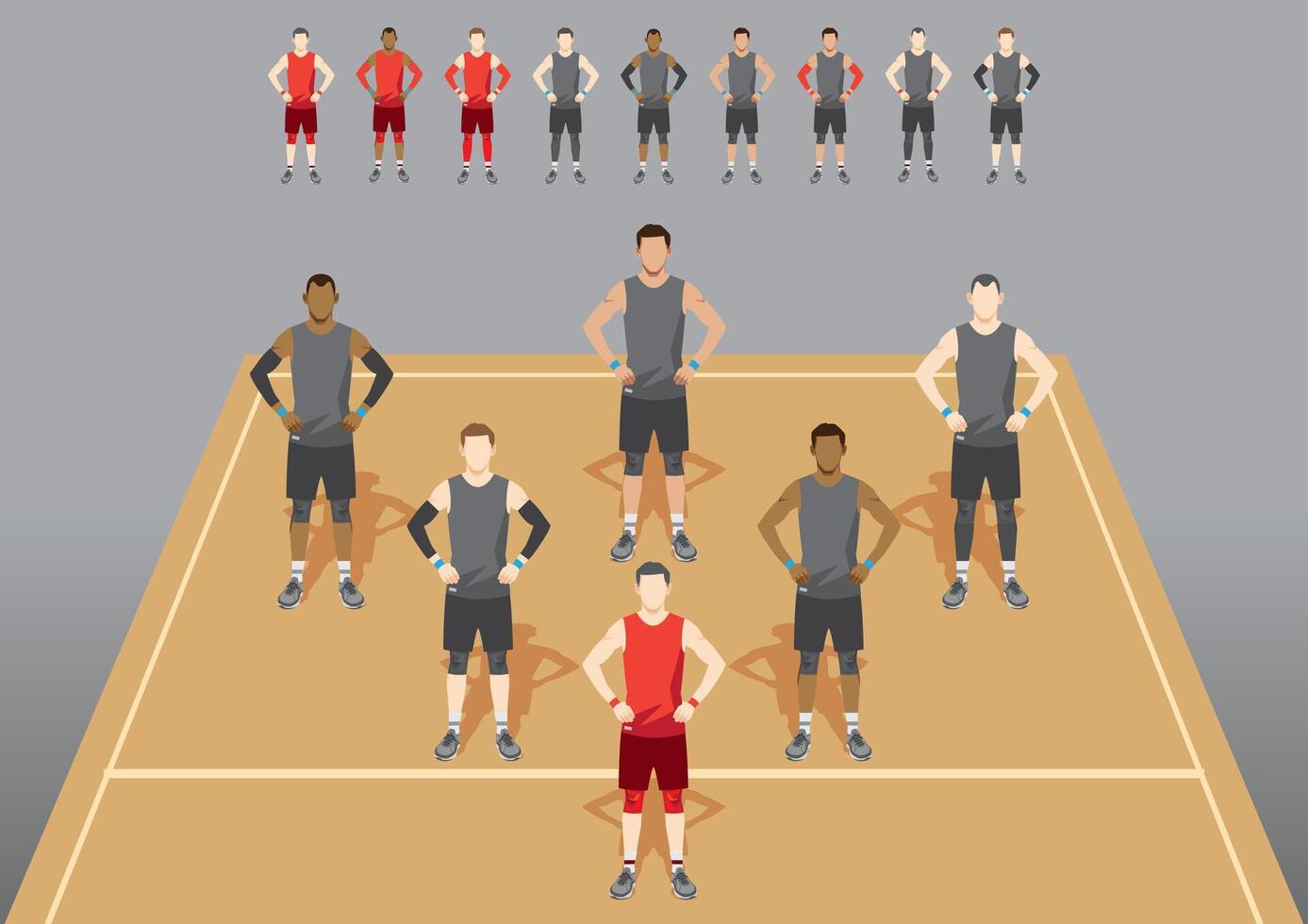 Volleyball Team Male Formation in grey uniforms and captain wear red on the Court vector