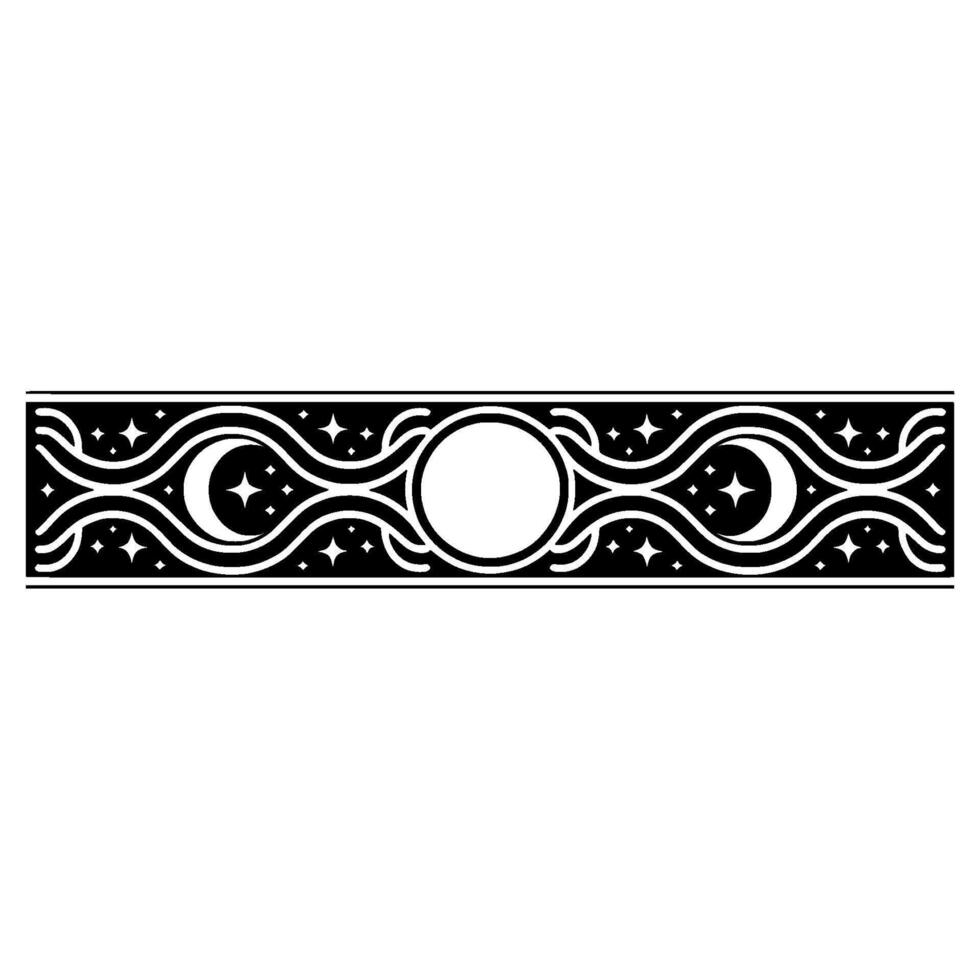 Celestial Border Moon, Stars, Wavy Element in Black White. vector