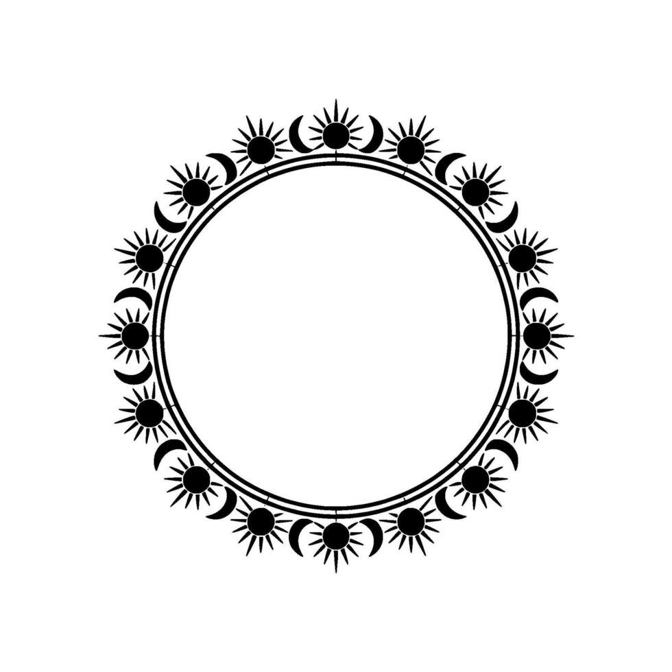 Celestial Circle Frame Sun Moon , Minimalist Black on White. vector