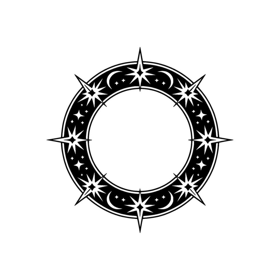 Celestial Circle Frame in Black and White - Decorative Illustration. vector
