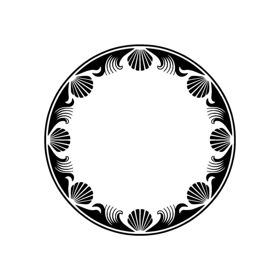 Elegant Circle Frame with Seashells, Black and White Element. vector