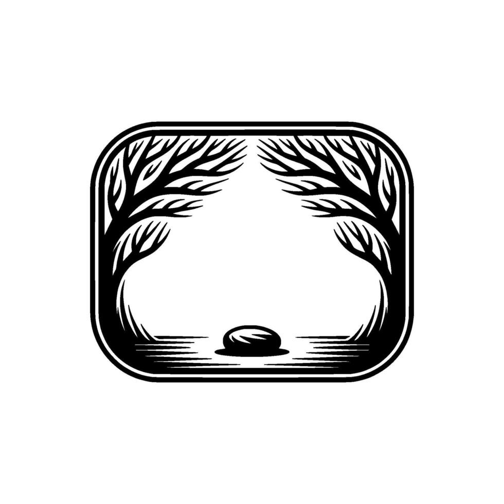 Monochrome Nature Scene with Trees and Rock in a Decorative Frame vector