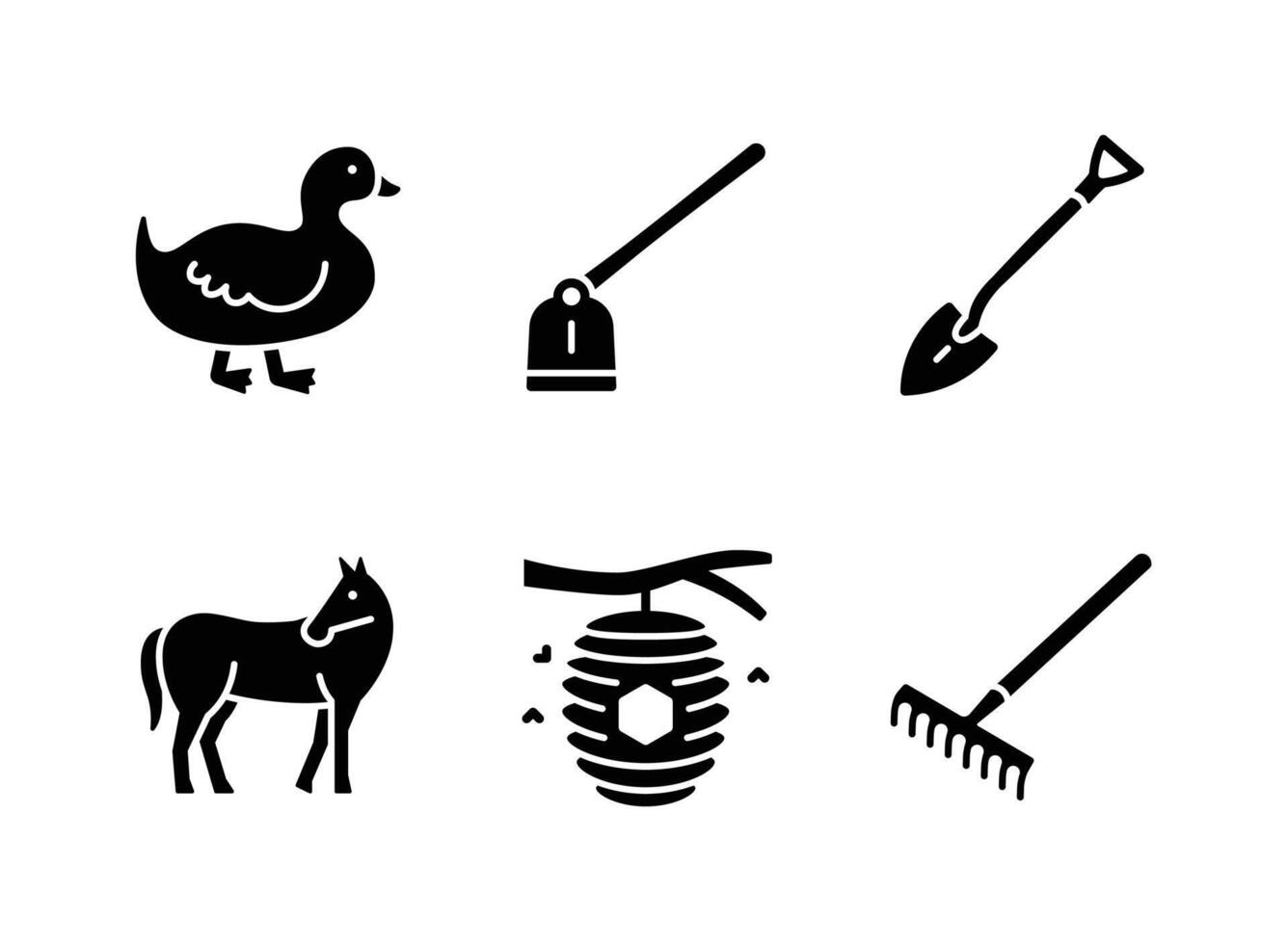 Duck, Hoe, Shovel, Horse, Beehive, Rake Solid Icons vector