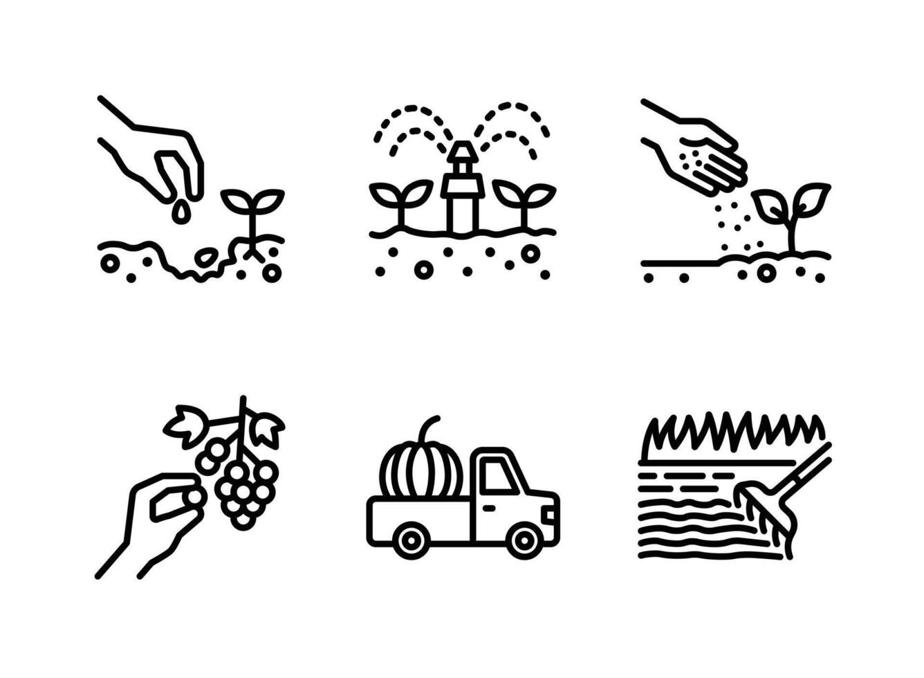 Planting Seeds, Watering Crops, Soil Fertility, Harvest, Truck Line Icons vector