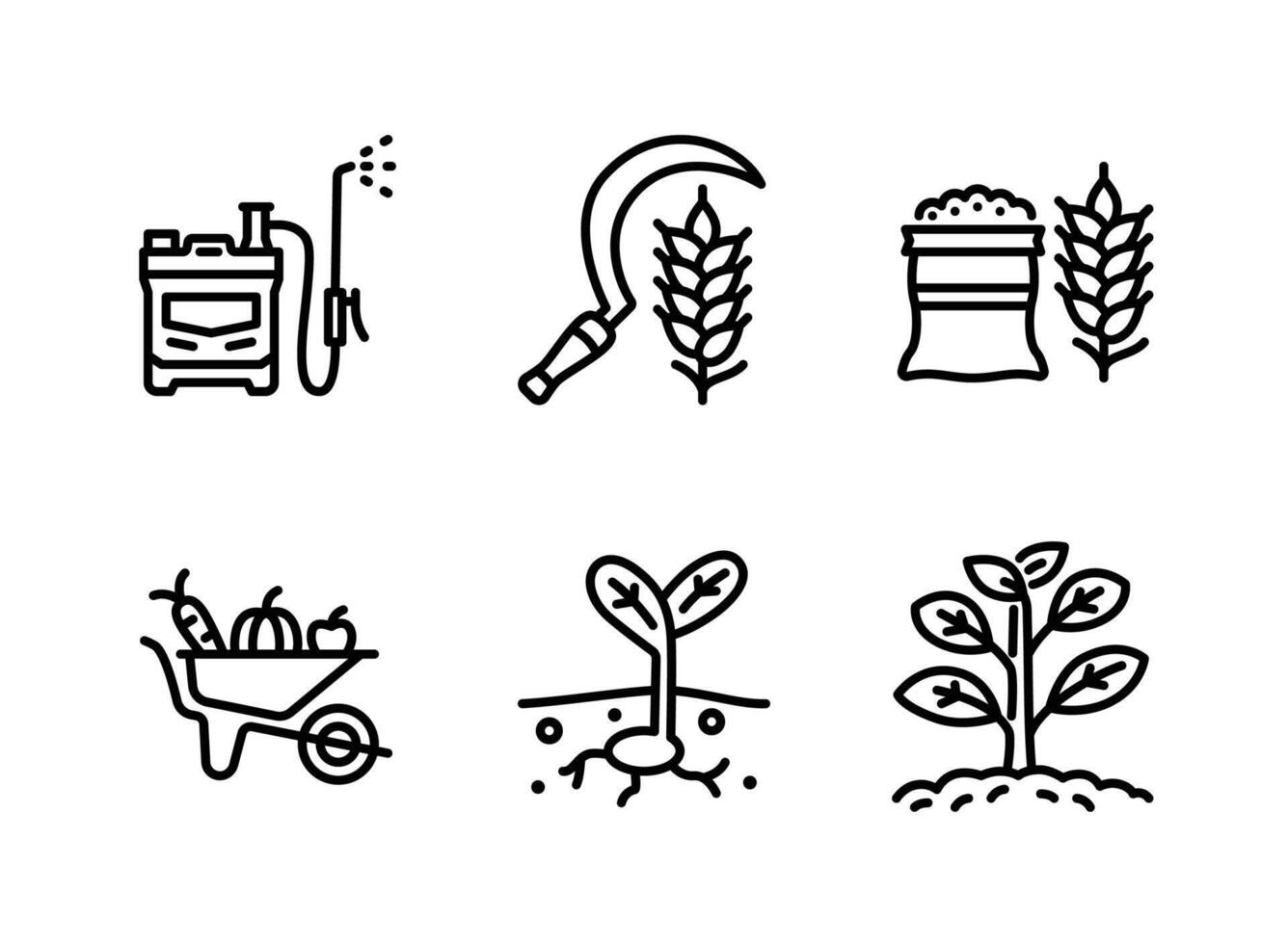 Pesticide Sprayer, Harvest, Grain Sack, Wheelbarrow, Seedling Line Icons vector