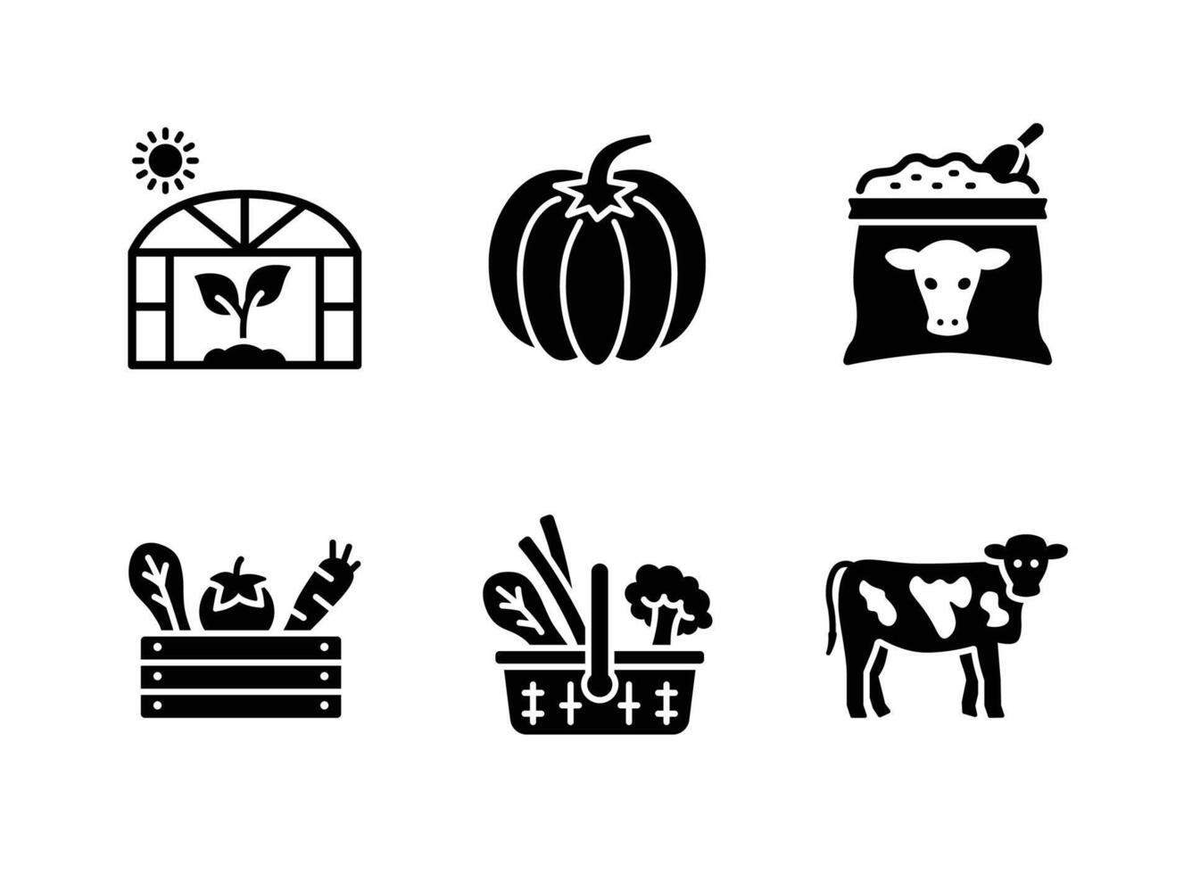 Greenhouse, Pumpkin, Cow Feed, Vegetable Basket Solid Icons vector