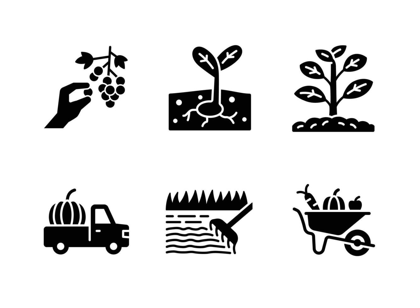 Harvesting Crops, Seedling, Sprouting Leaf, Truck, Solid Icons vector
