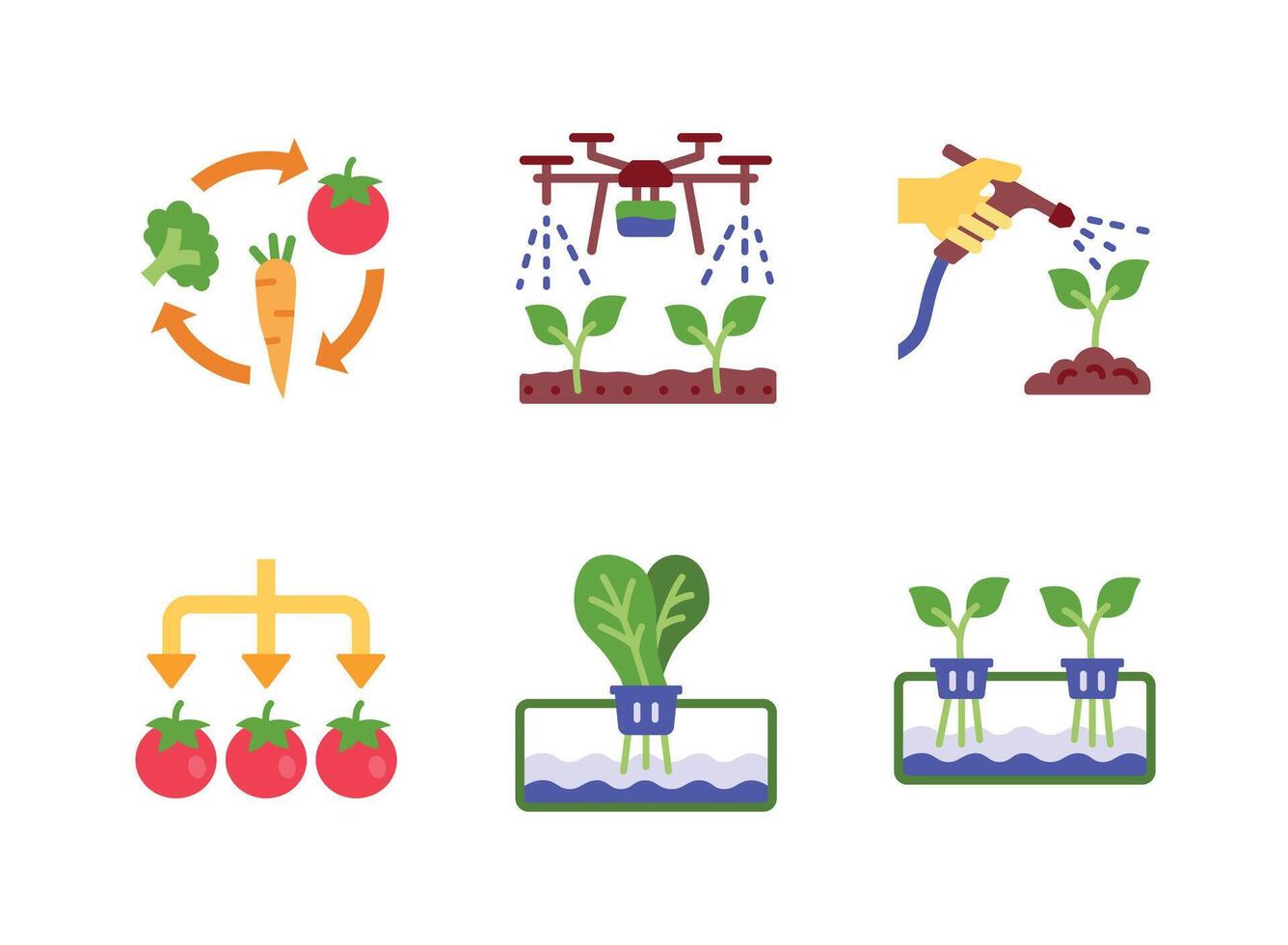 Crop Rotation, Drone Irrigation, Watering Plant Flat Icons vector