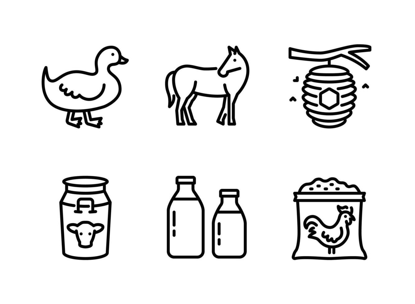 Duck, Horse, Beehive, Milk Bucket, Bottle Line Icons vector