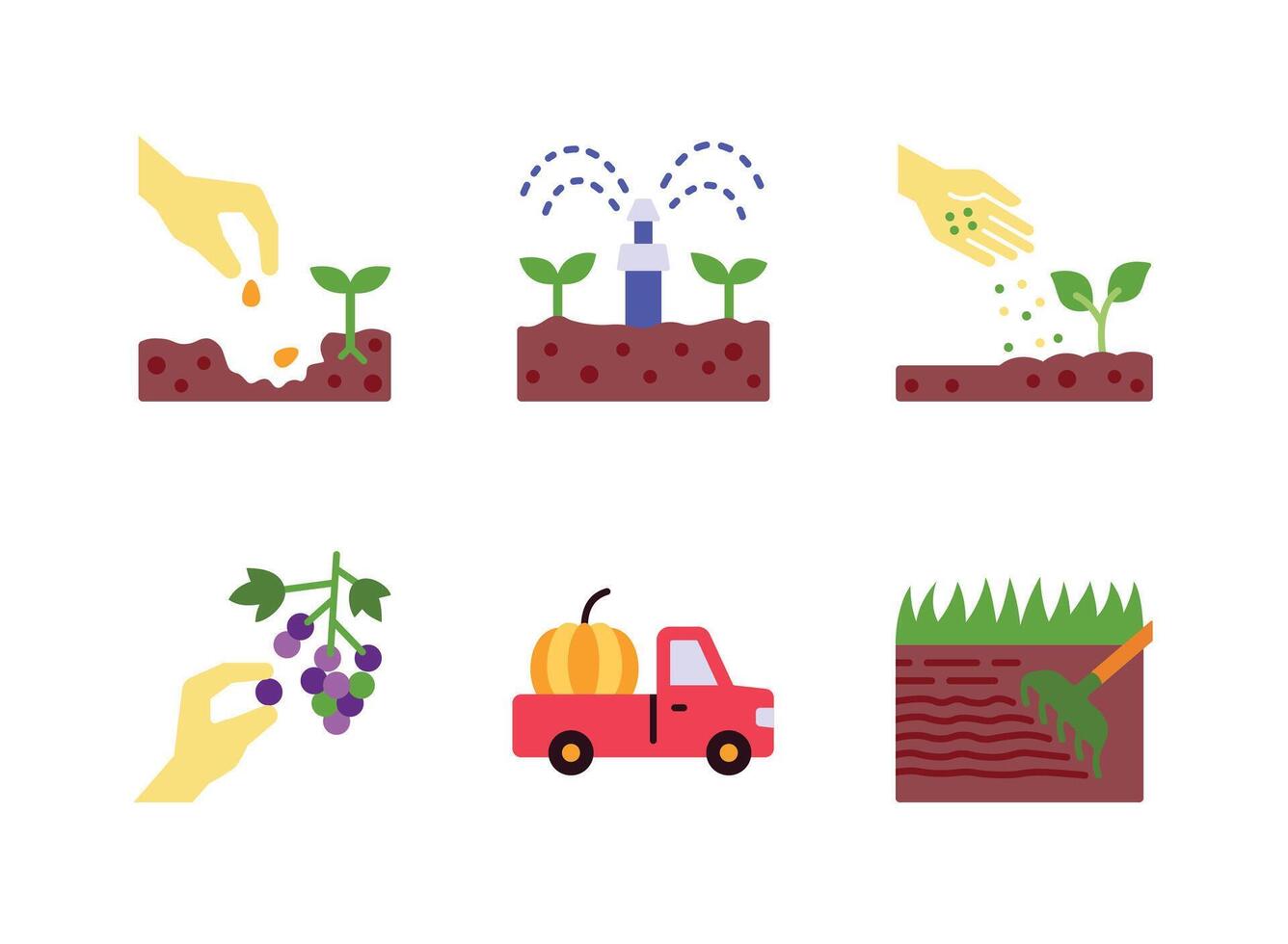 Planting Seeds, Watering Crops, Soil Fertility Flat Icons vector