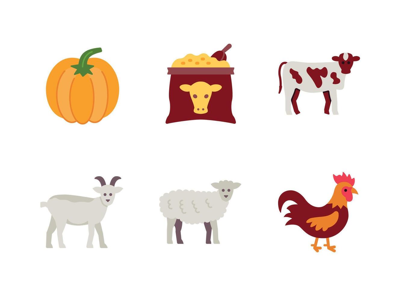 Pumpkin, Cow Feed, Goat Flat Icons vector