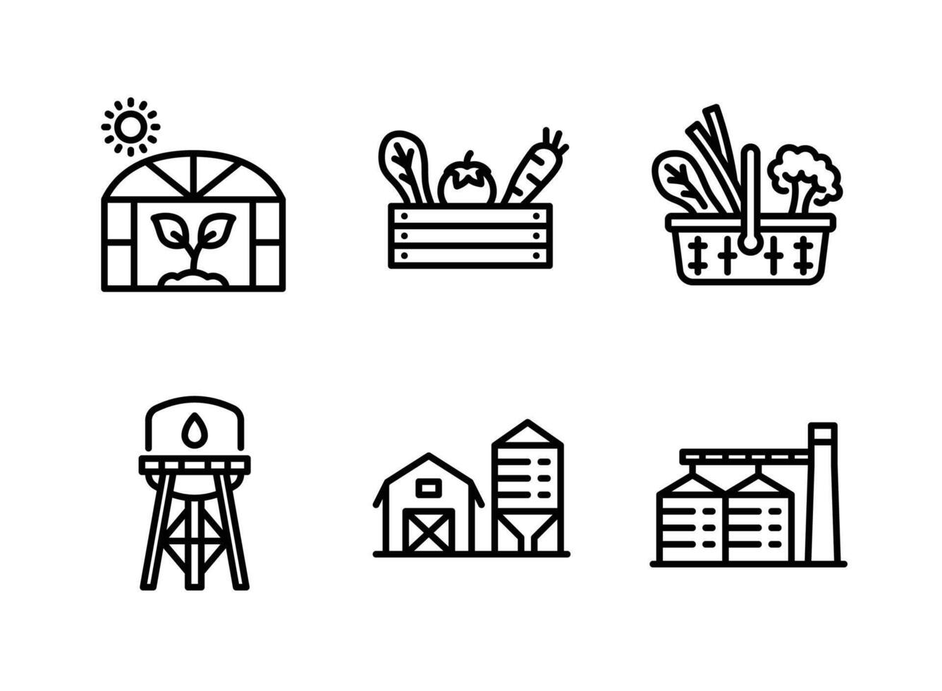 Greenhouse, Vegetable Basket, Water Tower, Barn Line Icons vector