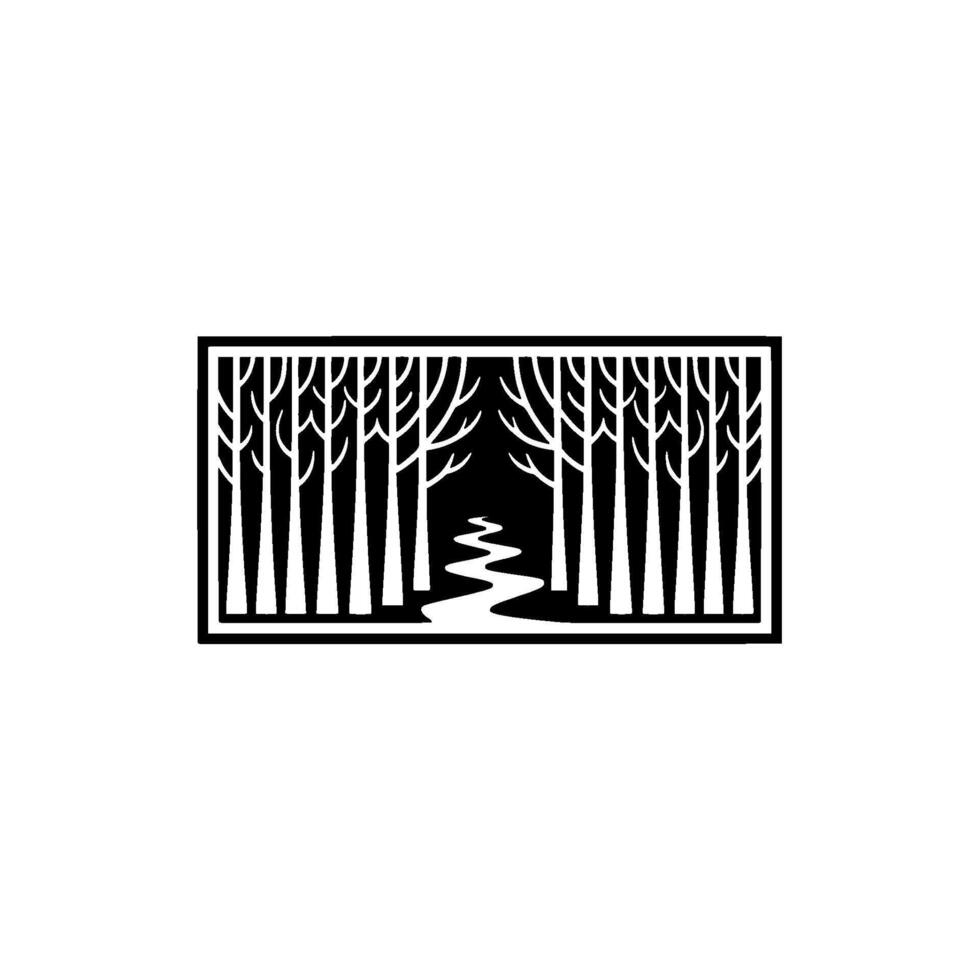Monochrome Forest Scene Tree Silhouette and River Path vector