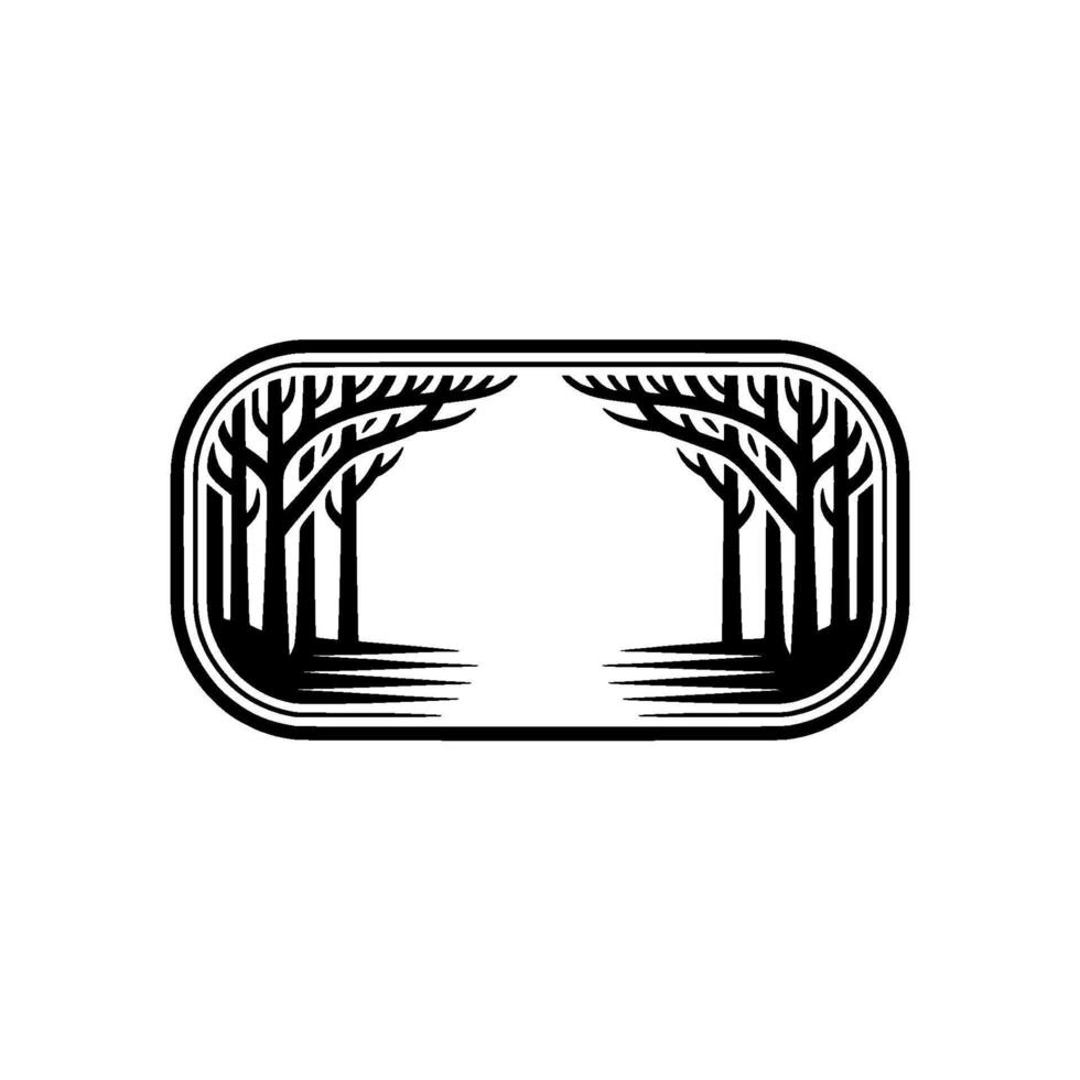 Minimalist Forest Emblem Black and White Trees in a Rounded Frame vector
