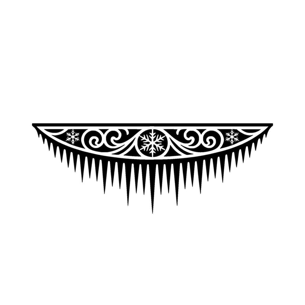 Intricate Black Winter Ornament with Snowflakes and Icicles, Minimalist vector
