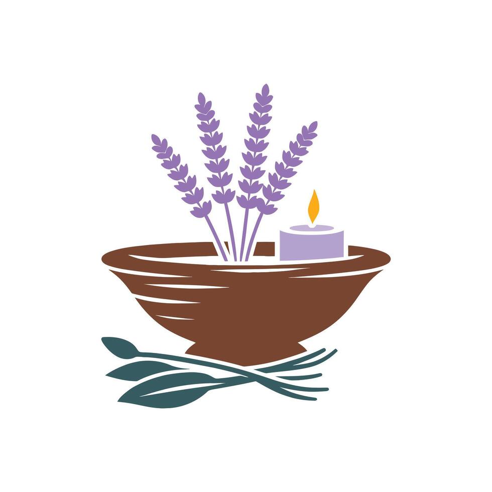 Spa and aromatherapy logo with lavender flowers a candle and herbal leaves in a bowl a icon for wellness and natural therapy products vector