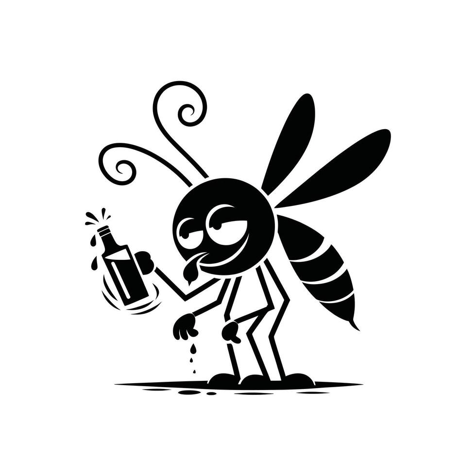 Drunk insect character illustration. Funny party animal mosquito or wasp with an alcohol bottle. Humorous black and white graphic for a celebration or event vector