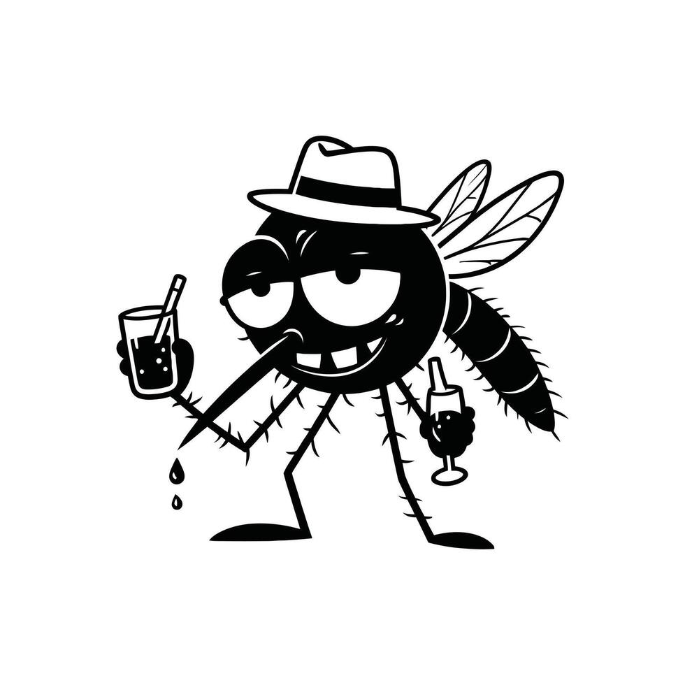 Funny drunk mosquito cartoon silhouette. Intoxicated insect character holding a beer bottle. Humorous illustration for a party sticker or bar logo design vector