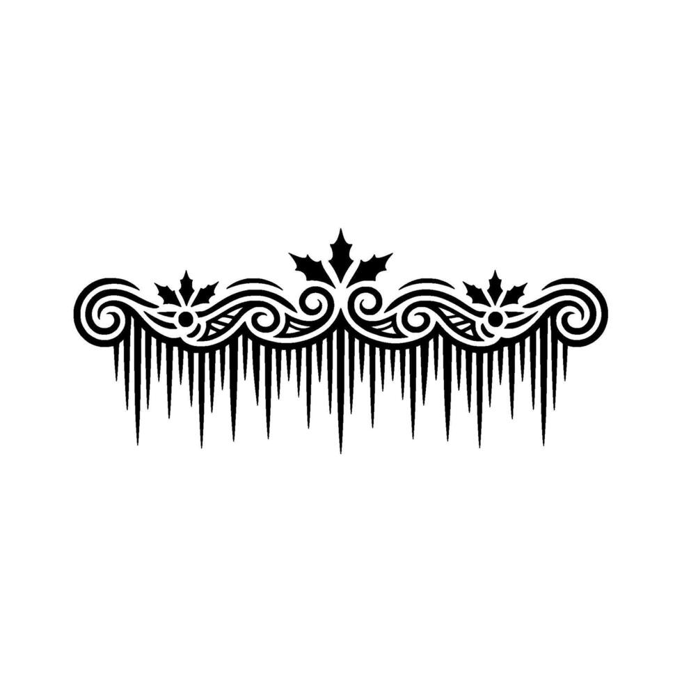 Elegant Winter Border Icicles, Holly Swirls - Black White vector