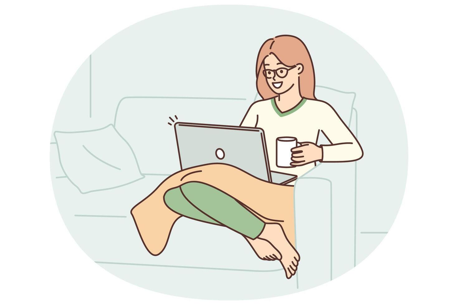 Woman sits in armchair with laptop on lap and drinks coffee enjoying relaxation in cozy home vector