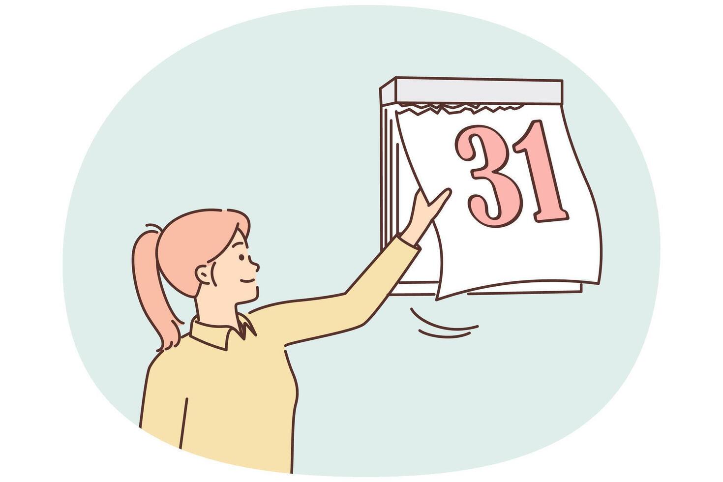 Woman tears off sheet of calendar with number 31 at end of month and beginning of new period vector