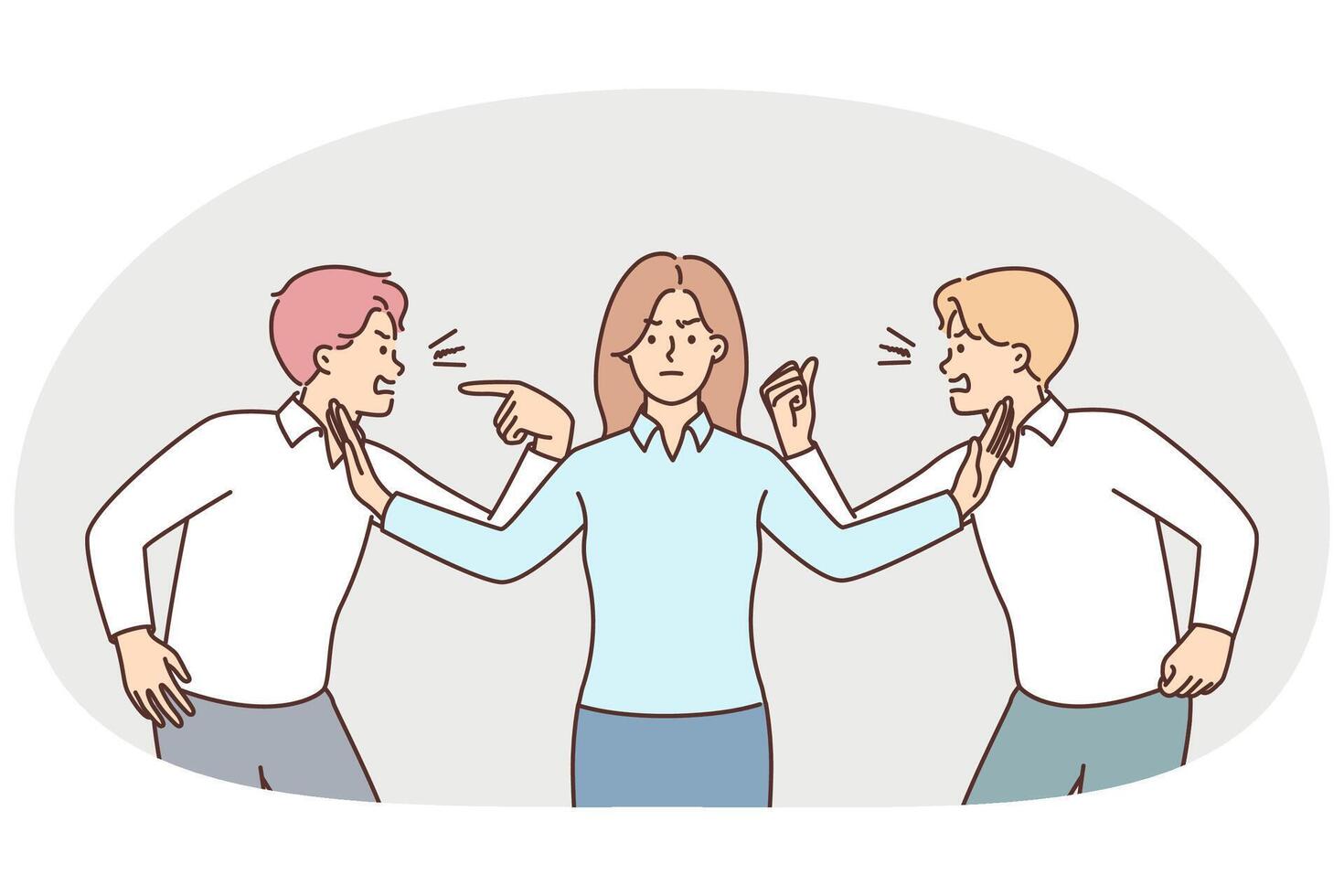 Two men colleagues quarrel over disagreements while female manager eliminates conflict vector