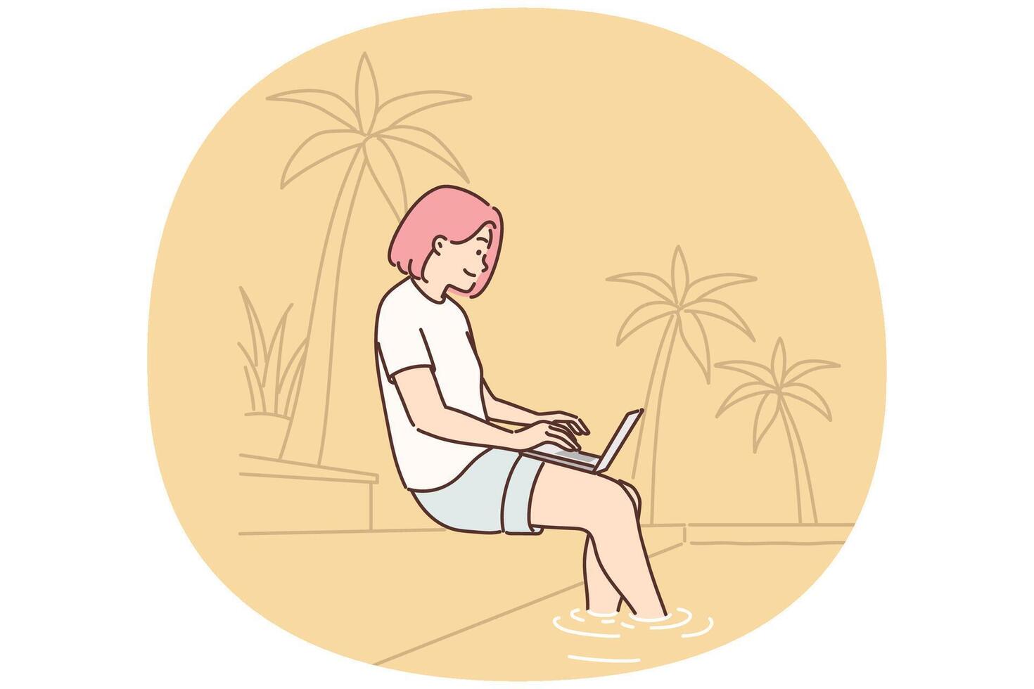 Woman freelancer working with laptop sitting on beach under palm tree or near pool in resort hotel vector