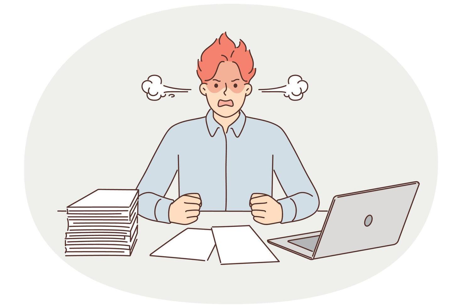 Angry man suffering from overwork and paperwork sitting at office desk with laptop vector