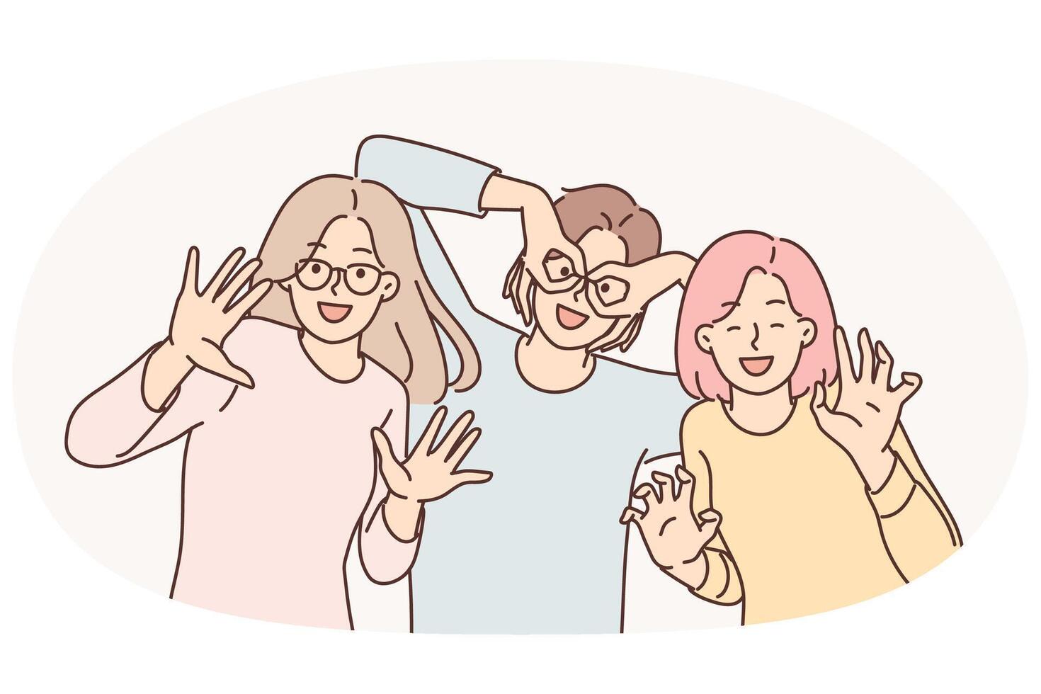 Happy girls of friend have fun making funny faces and putting fingers to faces instead of glasses vector