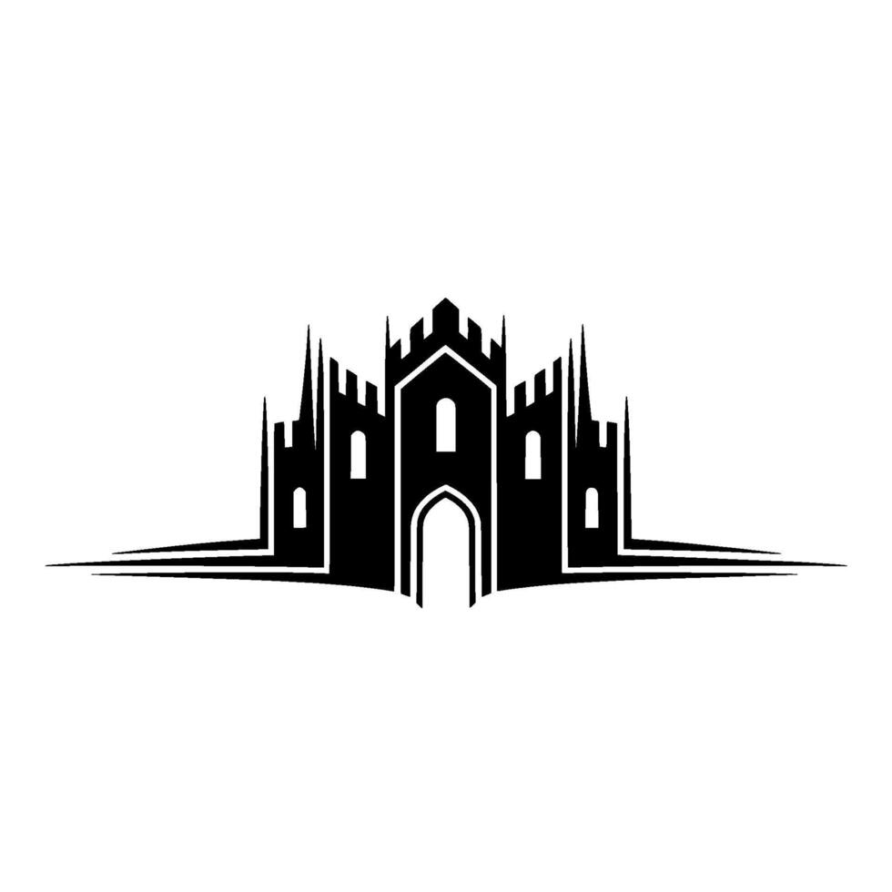 Gothic Fortress Silhouette, Mountain Backdrop vector