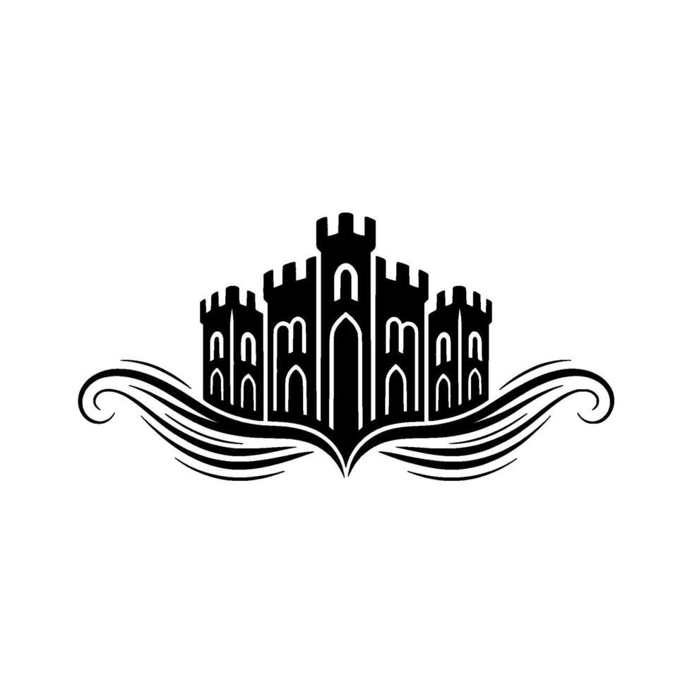 Gothic Fortress Silhouette, Elegant Swirls, Minimalist vector