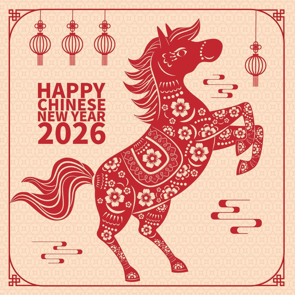 2026 Happy New Year, Chinese Zodiac Horse, Asian elements in red paper cut style. vector
