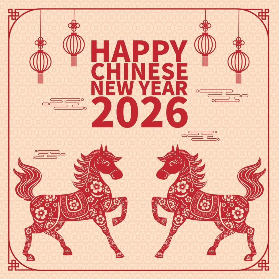 2026 Happy New Year with Asian elements in red paper cut style. vector